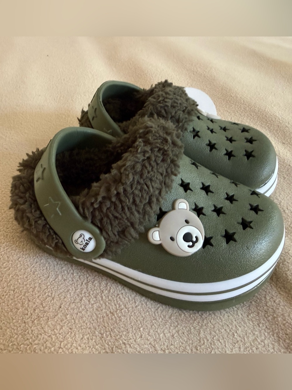 Koala baby Fleece Lined Clogs Green Star Vent Bear Charm Shoes Toddler SIZE 5